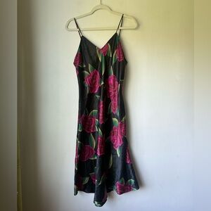 Vintage 90s Kathryn Black Floral Satin Nightgown Slip Midi Dress M